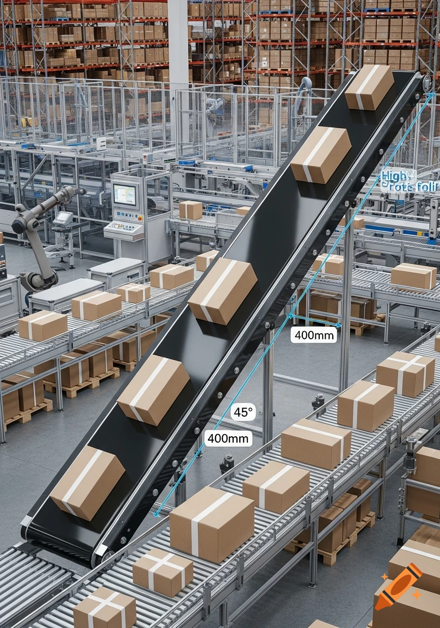 An industrial warehouse with packages on an inclined black conveyor belt, surrounded by roller conveyors and shelving.