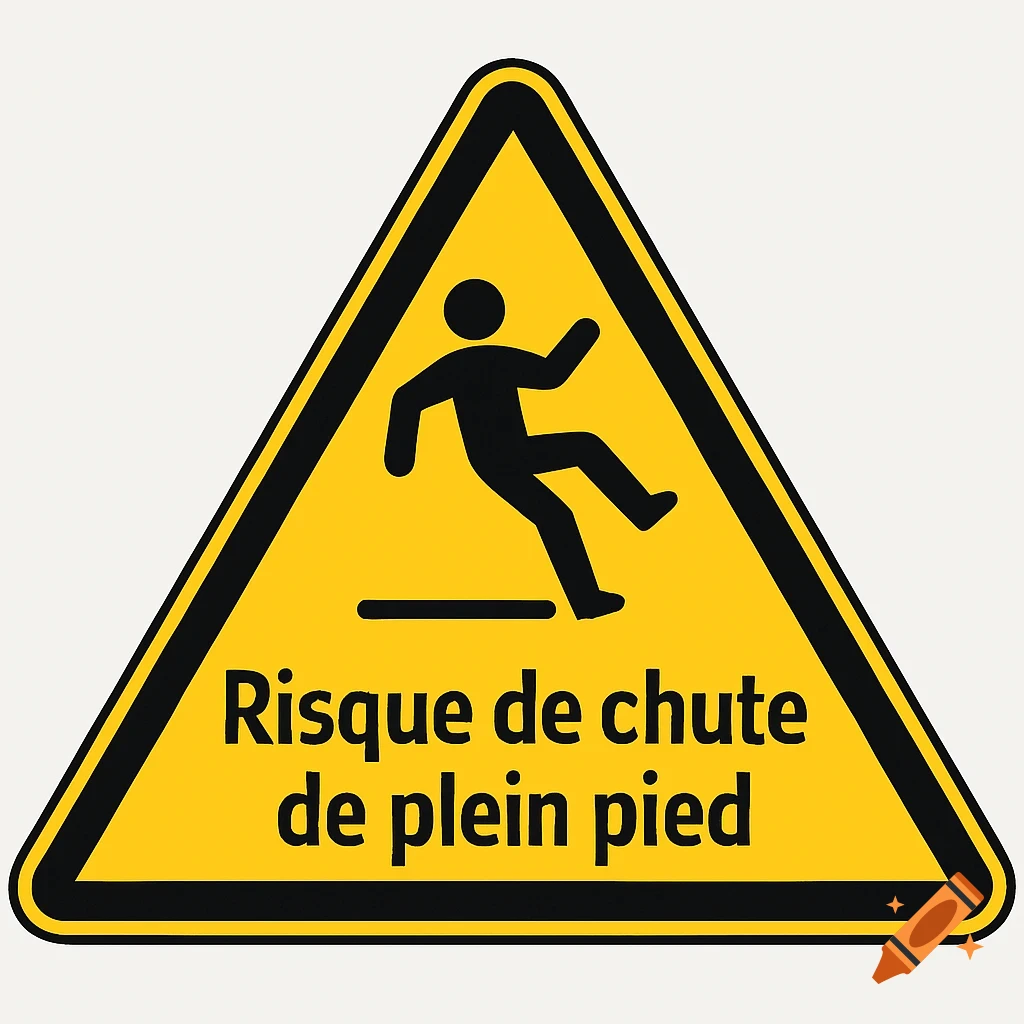 A yellow triangular warning sign with a black border, showing a black silhouette of a person slipping, and French text "Risque de chute de plein pied".