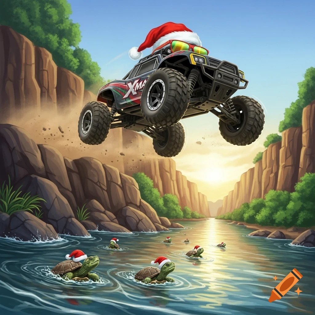 Stylized RC monster truck with Santa hat and cool glasses jumps over a river with swimming turtles in Santa hats at sunset.