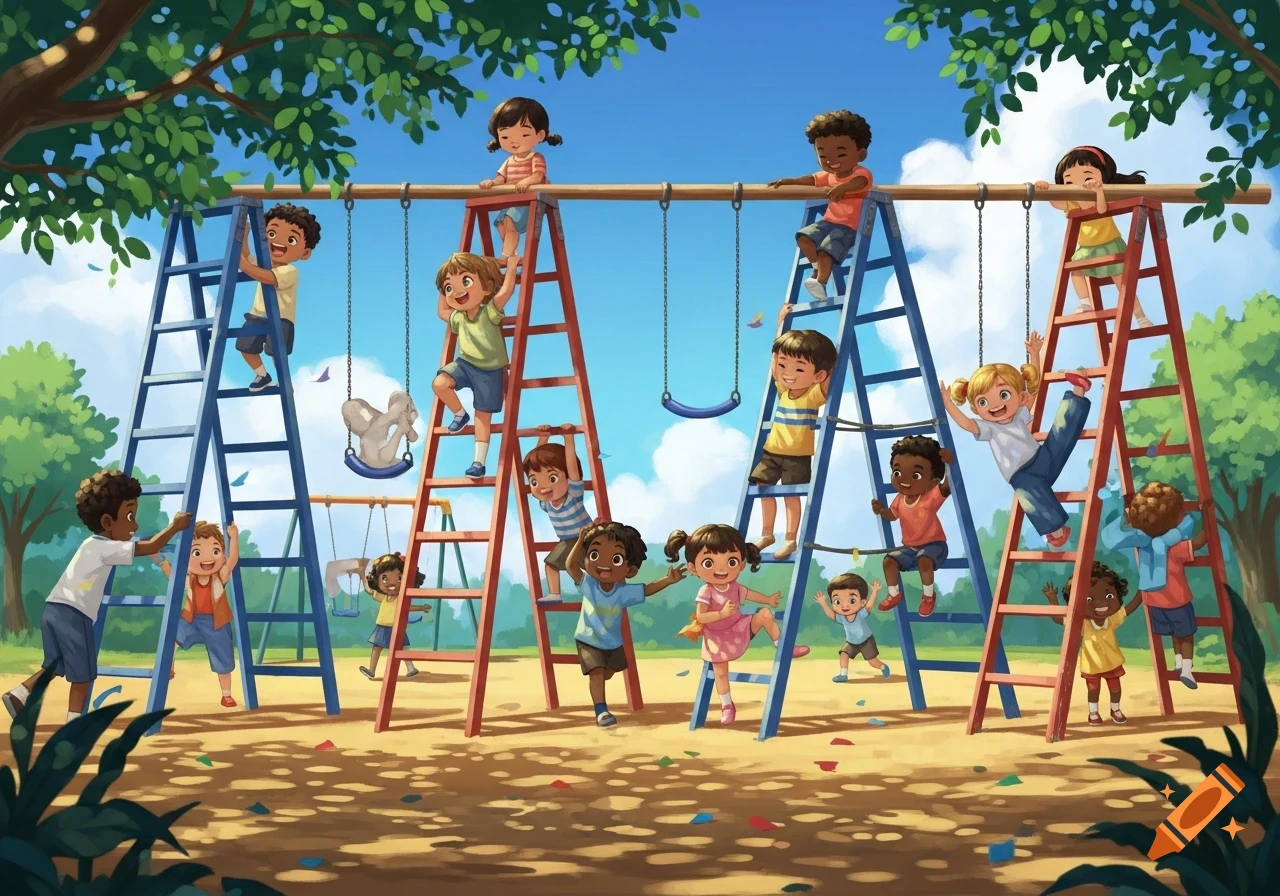 Vibrant illustration of many diverse children happily playing on a colorful playground with ladders and swings under a sunny sky.