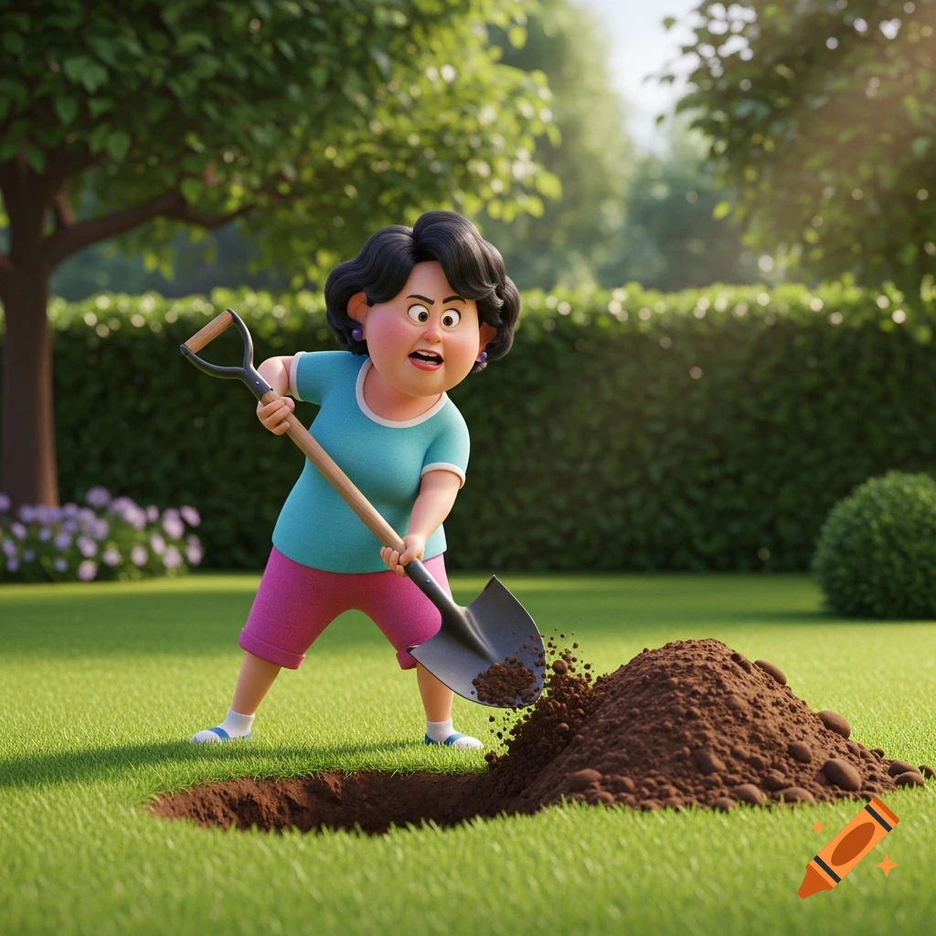 A Pixar-style 3D cartoon of a middle-aged lady furiously digging a large hole in a green lawn with a shovel, creating a dirt pile.