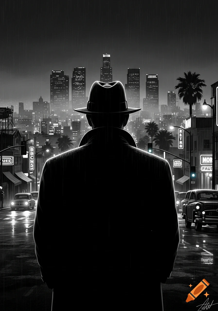 A man in a fedora and trench coat views a rainy black and white 1950s cityscape at night, in a film noir style.