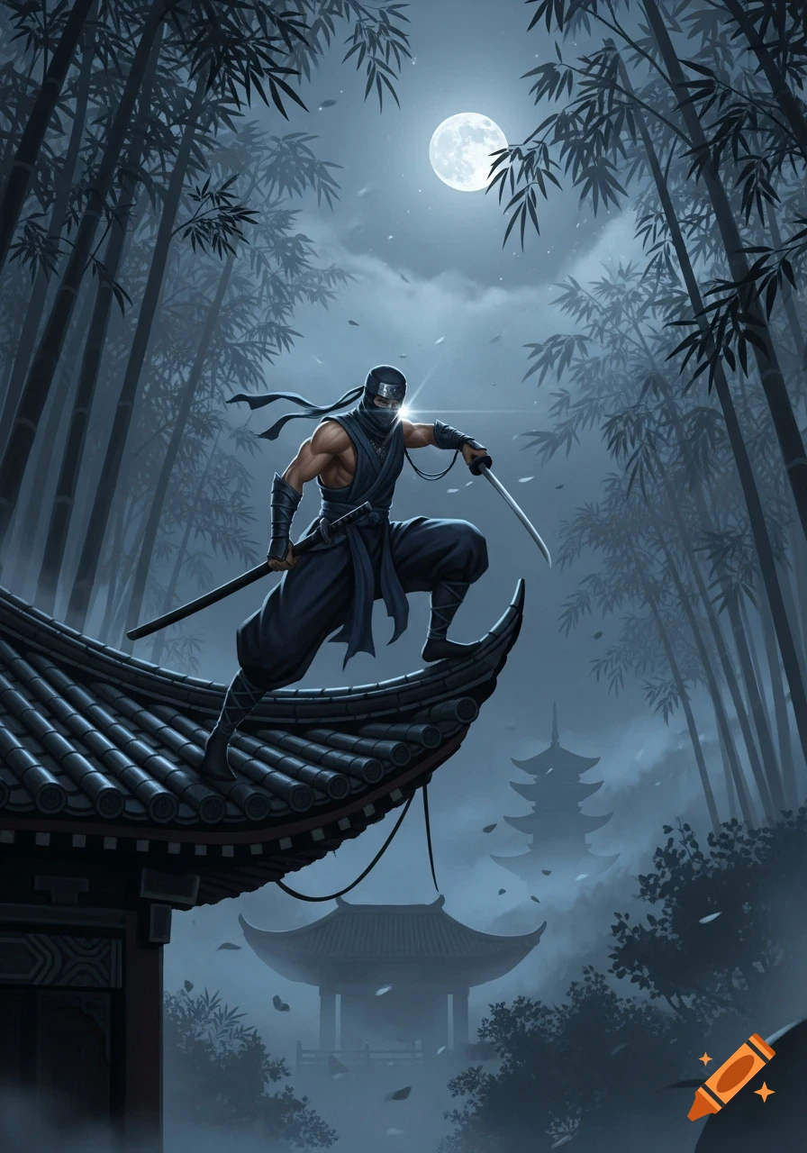 A masked ninja with swords crouches on a tiled temple roof in a bamboo forest at night, illuminated by a full moon, with a distant pagoda.