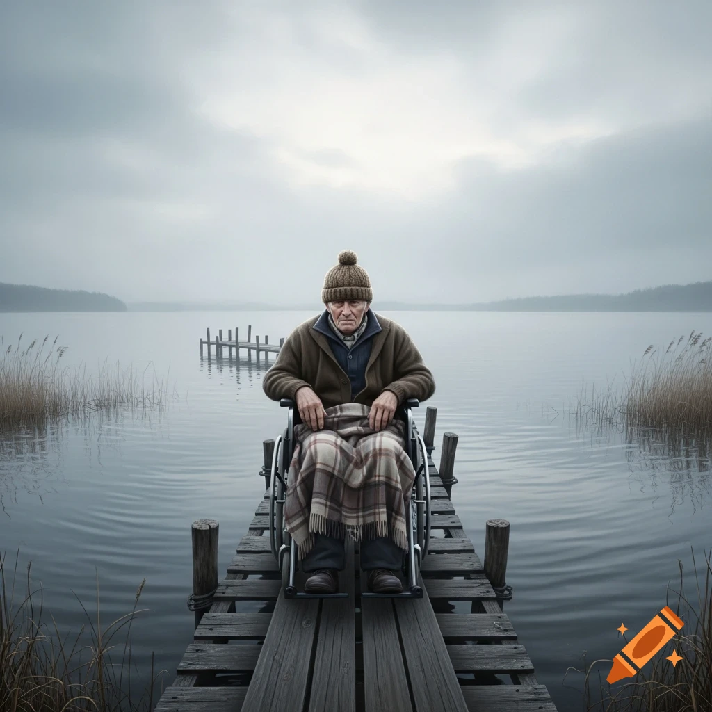 An old person in a knitted hat and coat, wrapped in a blanket, sits in a wheelchair on a wooden dock over a calm lake under a cloudy sky.