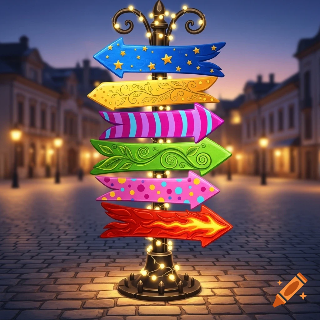 A whimsical signpost with six colorful, patterned arrows adorned with string lights, on a cobblestone street at dusk.