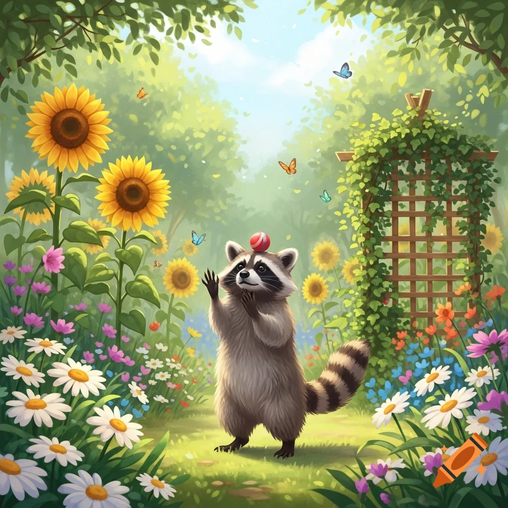 A cartoonish raccoon with a small red and white ball on its head stands upright in a sunny garden with sunflowers and daisies.