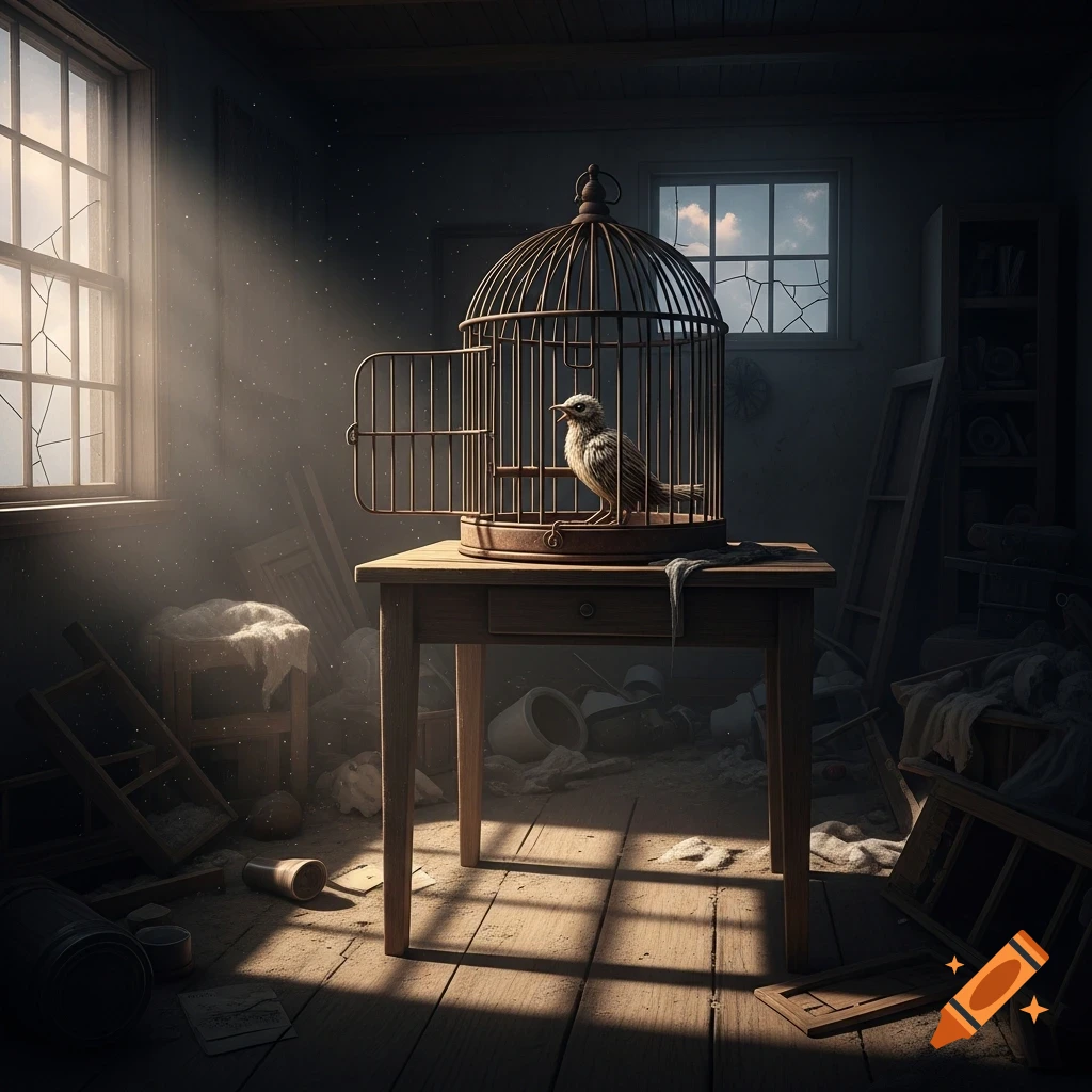 A photorealistic image of a small, disheveled bird sitting inside an open cage on a wooden table in a sunlit, dusty, abandoned room.