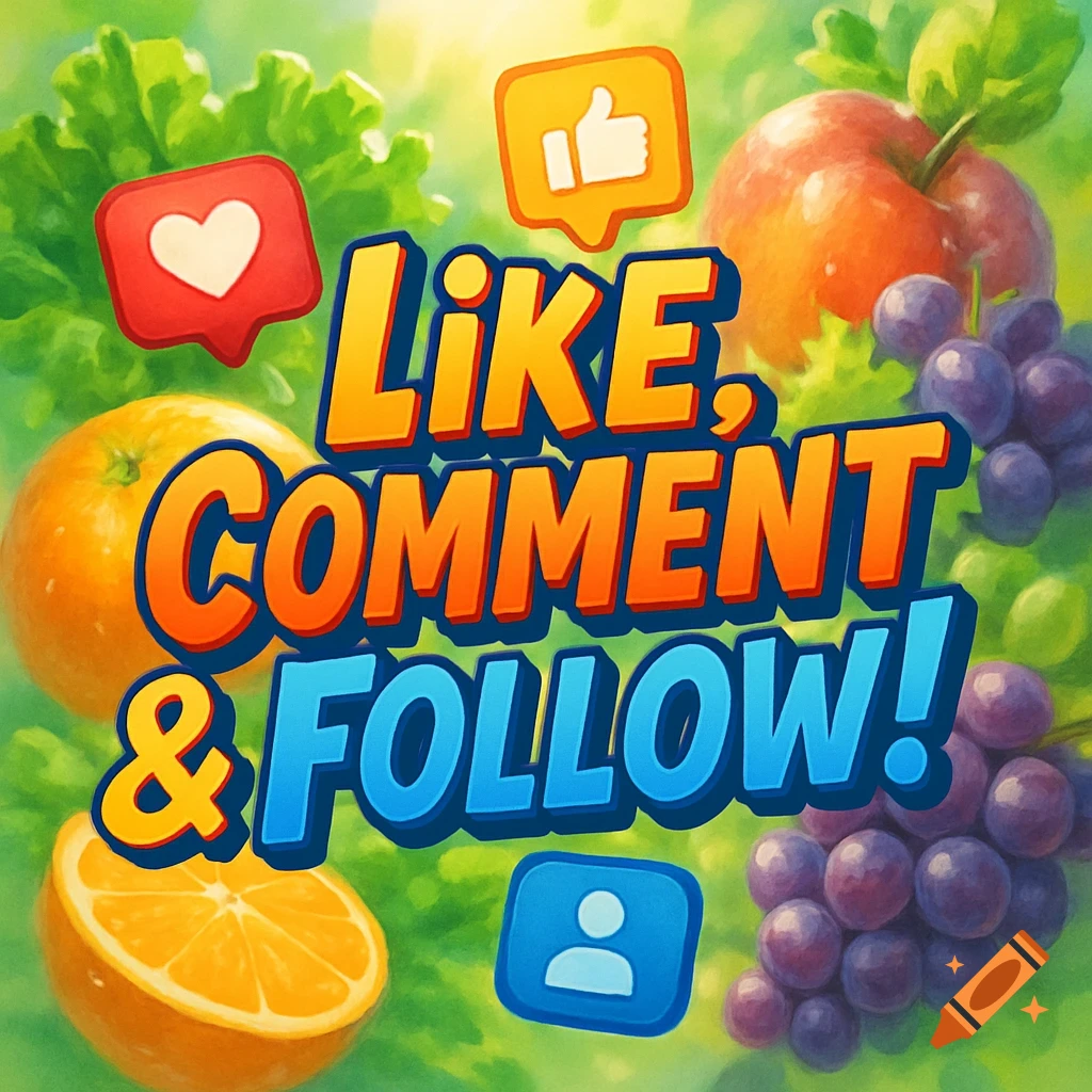 Animated text 'Like, Comment & Follow!' with heart, thumbs up, and profile icons, set against a vibrant background of fruits and vegetables.