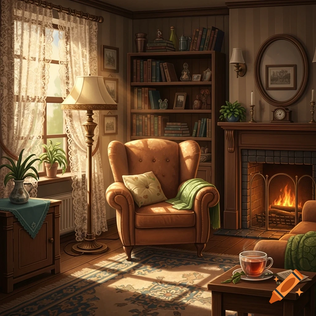 A detailed, cozy living room with an armchair, fireplace, bookshelf, and sun streaming through a lace-curtained window.