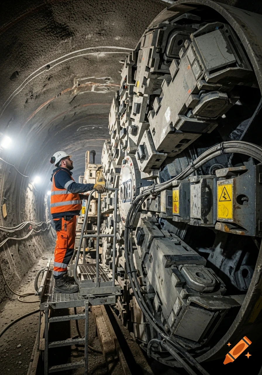 A construction worker in an orange safety vest and helmet stands on a platform next to a massive tunnel boring machine inside a dimly lit tunnel.