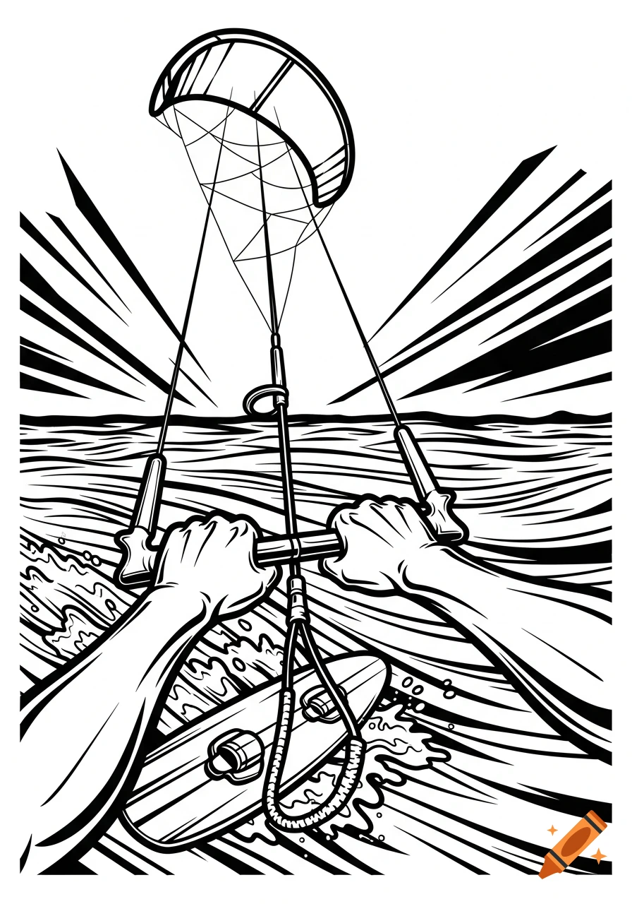 Black and white line art cartoon of a kite surfer from a first-person perspective, holding the bar with a kite overhead and board on choppy water.