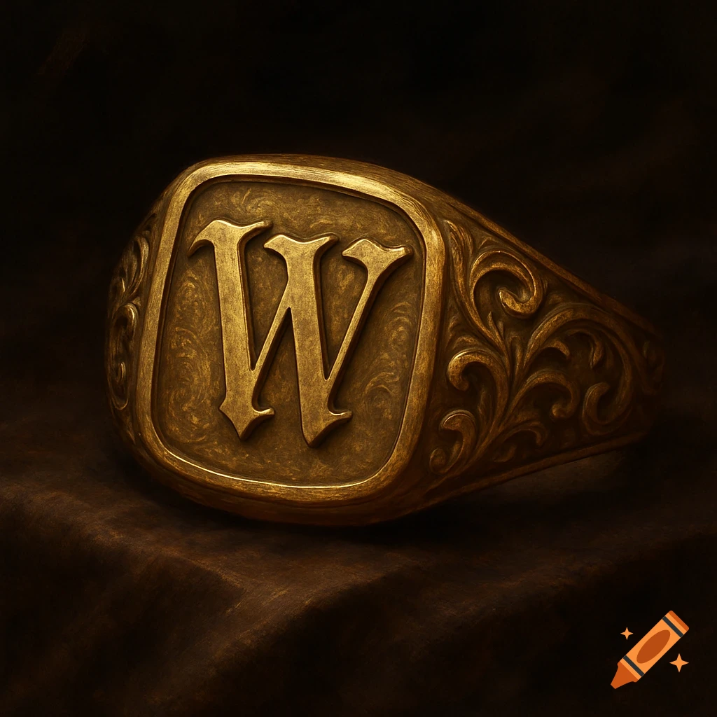 A close-up of a gold signet ring with an ornate initial W engraved in an old font, on a dark background.
