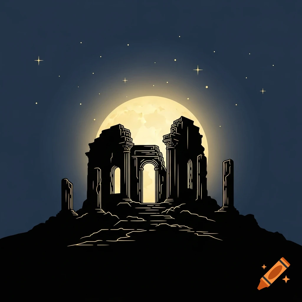 Minimalist icon of ancient ruins silhouetted against a large golden full moon and starry midnight blue sky.