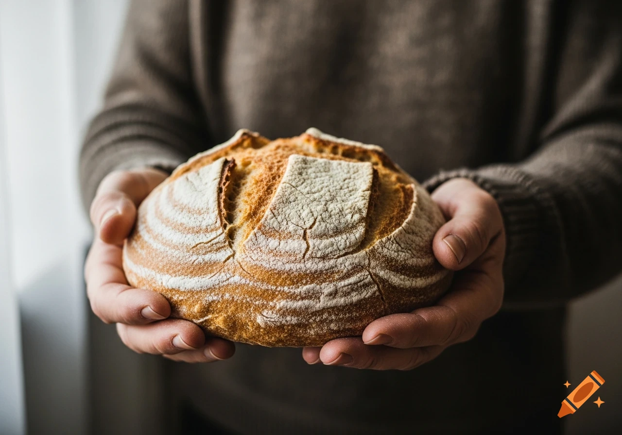 Close-up of hands holding a round, rustic loaf of bread dusted with flour.