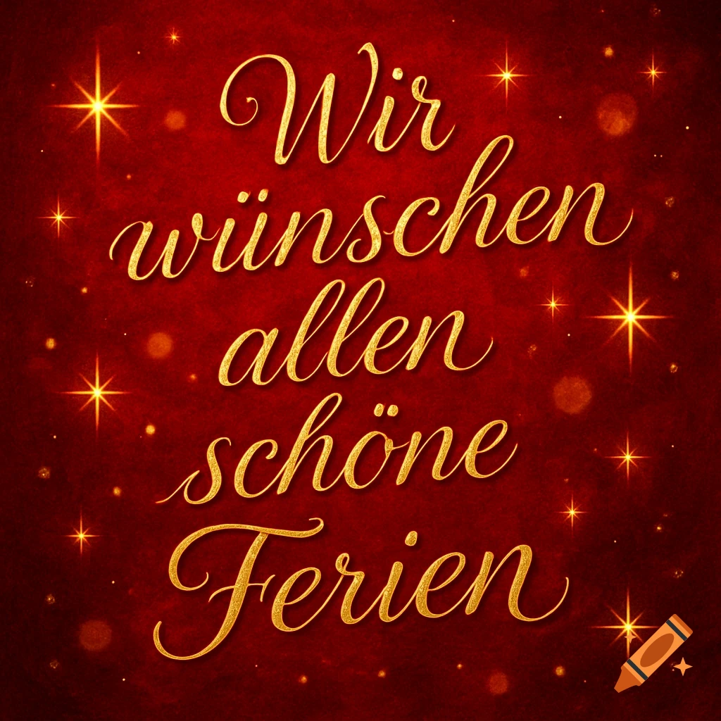 A red background with golden, elegant script text "Wir wünschen allen schöne Ferien" and sparkling lights.