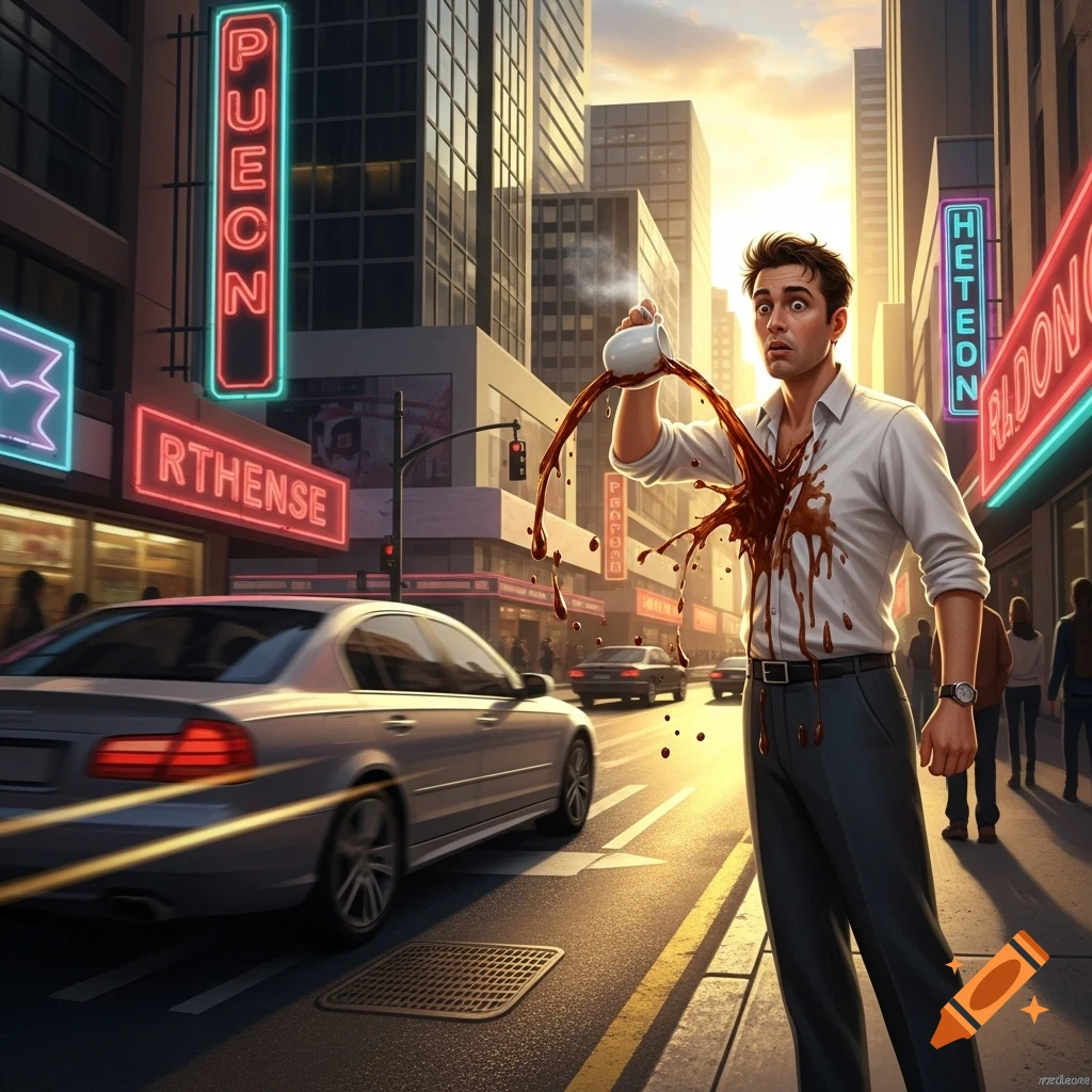 A man in a white shirt spills coffee down his front while standing on a busy city street with neon signs and cars.