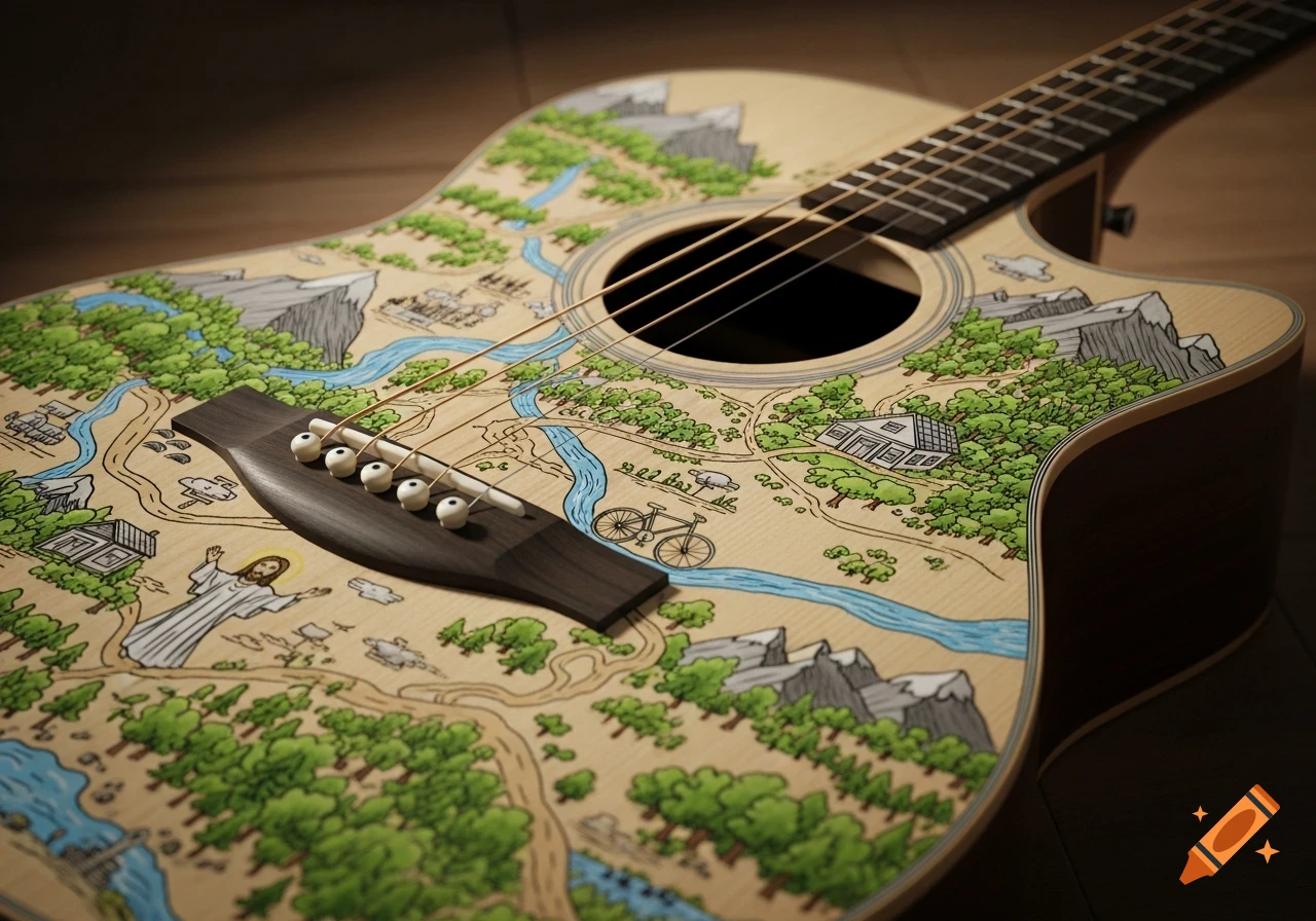 A close-up of an acoustic guitar with a doodle map drawn on its body featuring mountains, rivers, trees, houses, a bicycle, and a figure of Jesus.