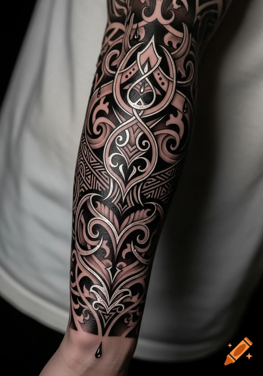 Close-up of an arm displaying a detailed black and white ornamental sleeve tattoo with intricate swirling patterns.