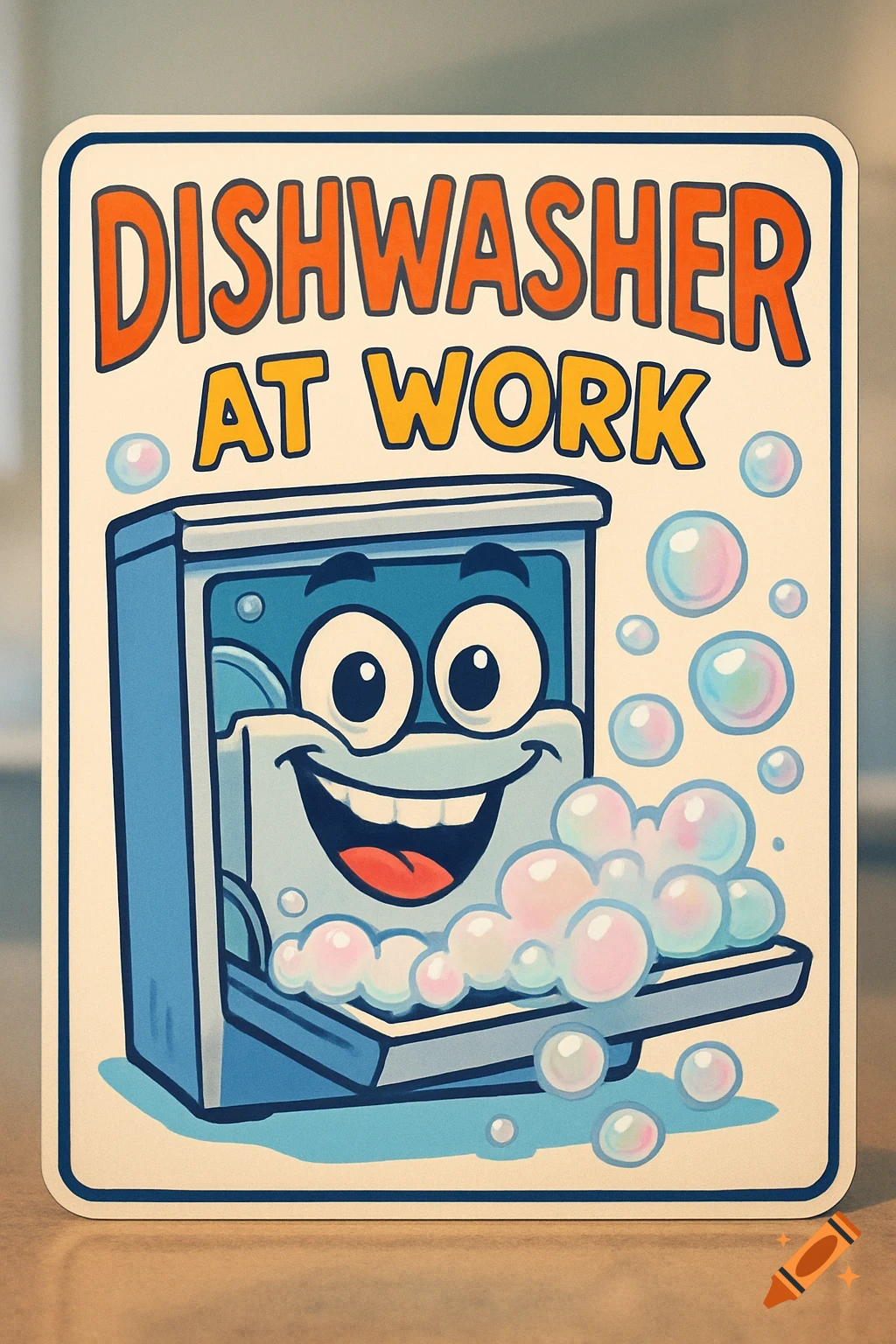 A cheerful cartoon sign featuring a blue dishwasher character with a happy face, tongue out, surrounded by soap bubbles, and the text 'DISHWASHER AT WORK'.