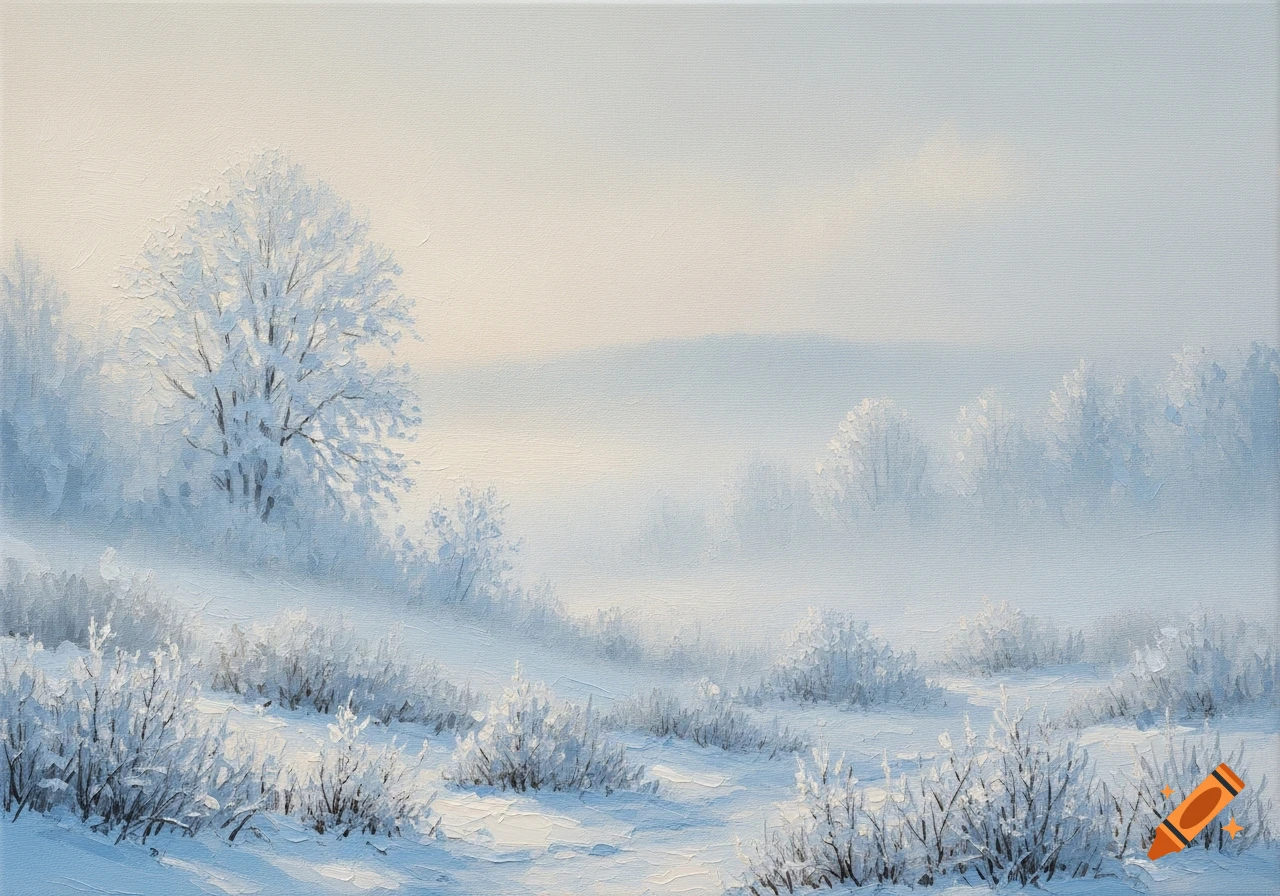 An oil painting of a serene, foggy winter landscape with snow-covered trees and bushes on rolling hills.