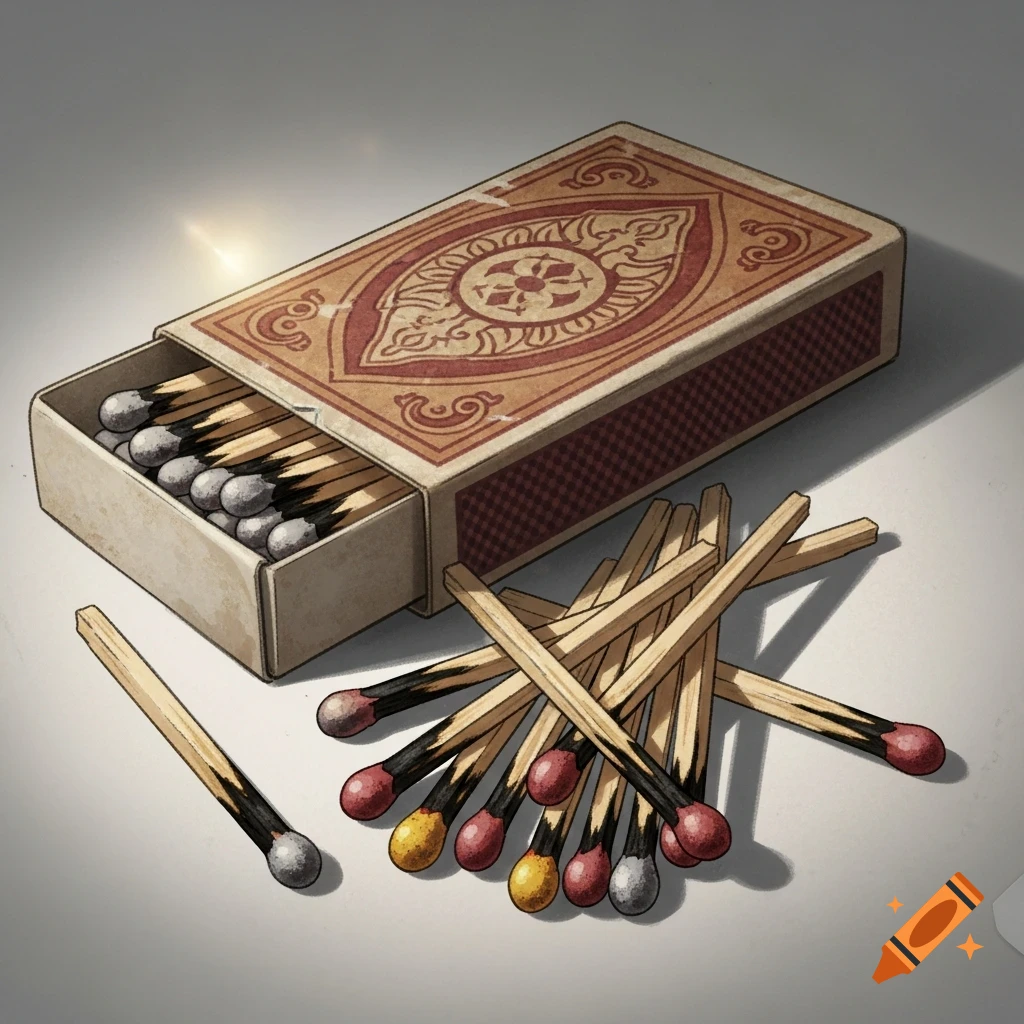 An open matchbox filled with matches, and a pile of loose matches with red, yellow, and gray heads scattered on a surface.