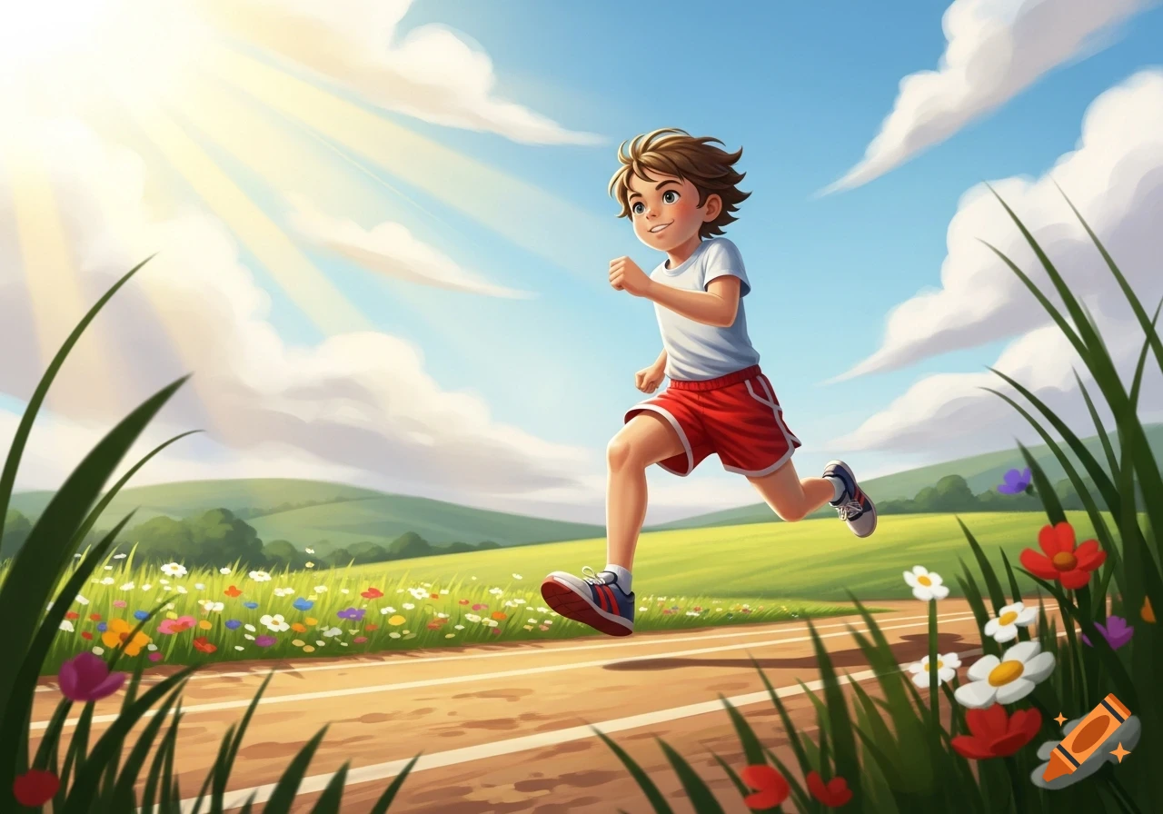 Illustrated young boy running on a track through a sunny, wildflower-filled field.