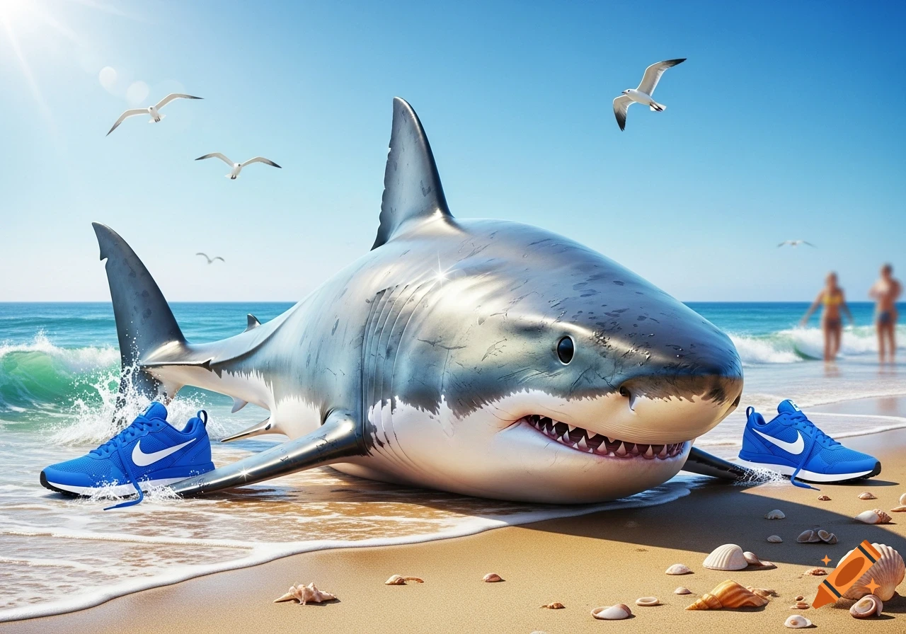 A large shark with blue Nike running shoes lies on a sandy beach next to the ocean, with seagulls flying overhead.