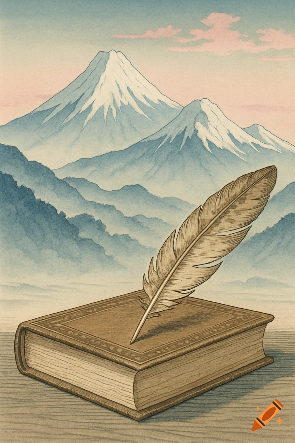 A feather quill stands on a brown book, with snow-capped mountains and hazy peaks in a traditional Japanese art style.