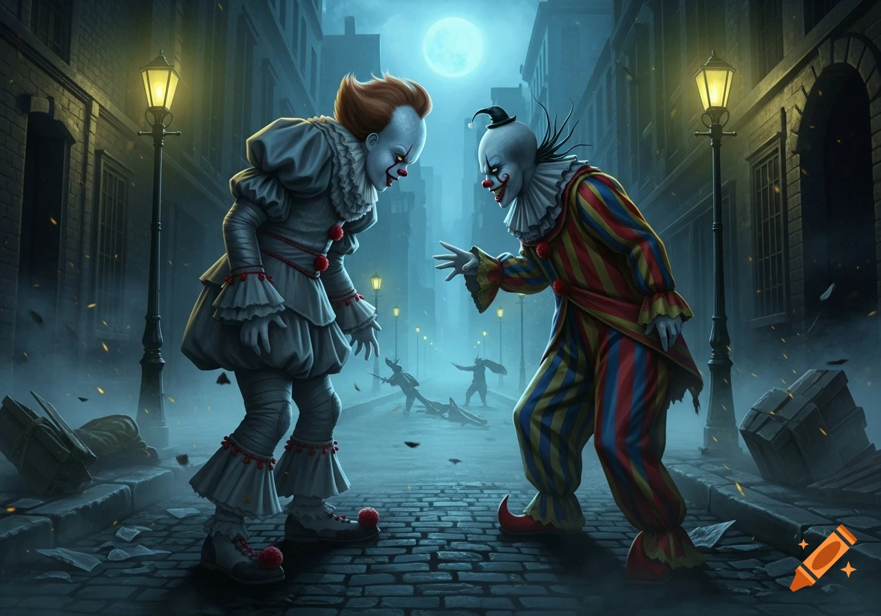 Two eerie clowns, one resembling Pennywise and another in striped attire, confront each other on a dark, cobblestone street at night under a full moon.