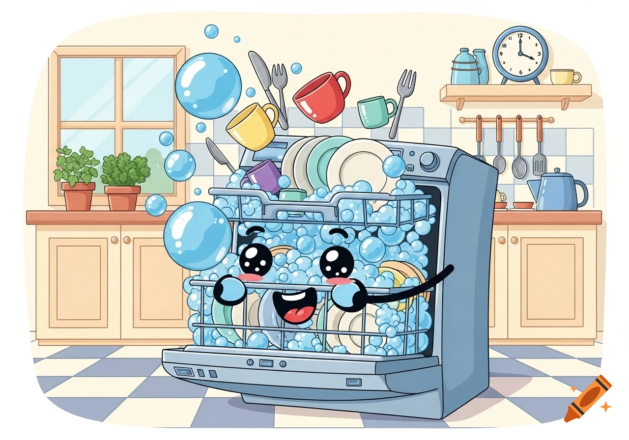 A cute cartoon dishwasher overloaded with dishes and bubbles, with a smiling face, in a bright kitchen.