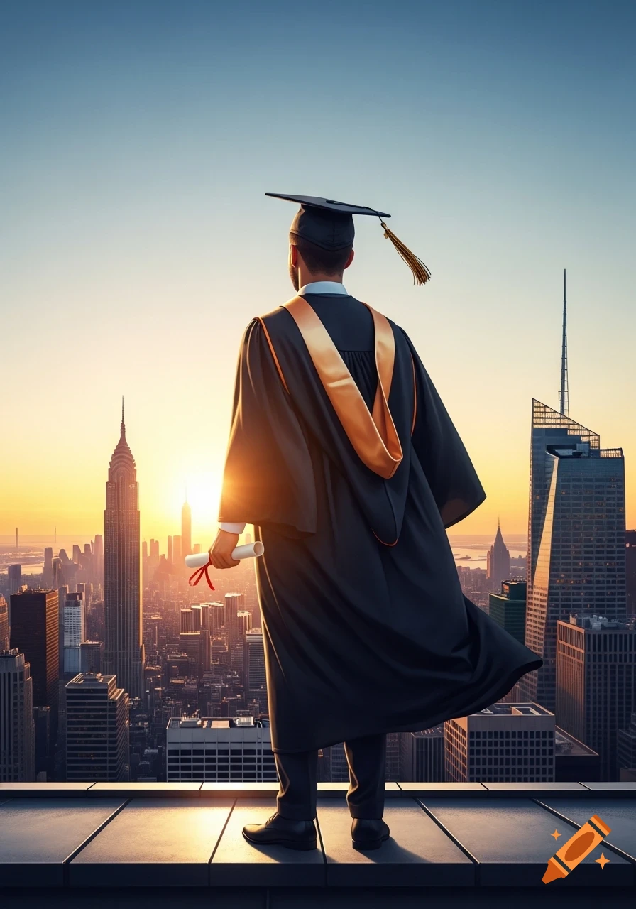 A college graduate in a cap and gown stands on a rooftop overlooking a city skyline at sunset, holding a diploma.
