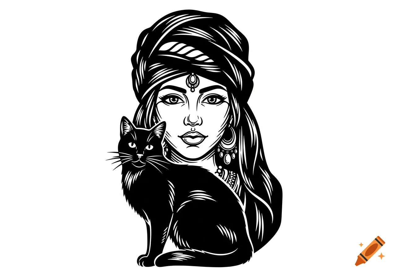 Black and white linocut illustration of a Berber woman wearing a turban, accompanied by a black cat.