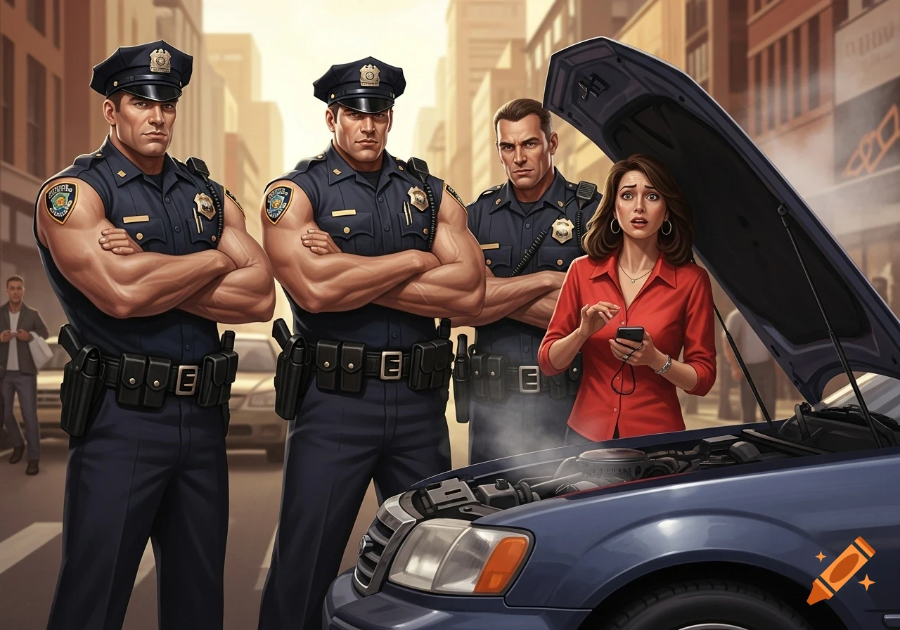 Three muscular policemen in sleeveless uniforms with crossed arms stand next to a surprised woman whose blue car has a steaming open hood, in a city street.