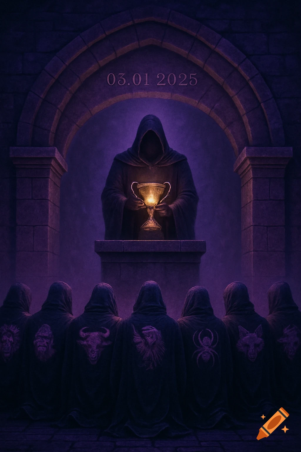 A dark fantasy scene. A hooded figure on a stone pedestal holds a glowing golden cup beneath an arch with "03.01.2025". Eight hooded figures with various animal symbols on their backs kneel before him.