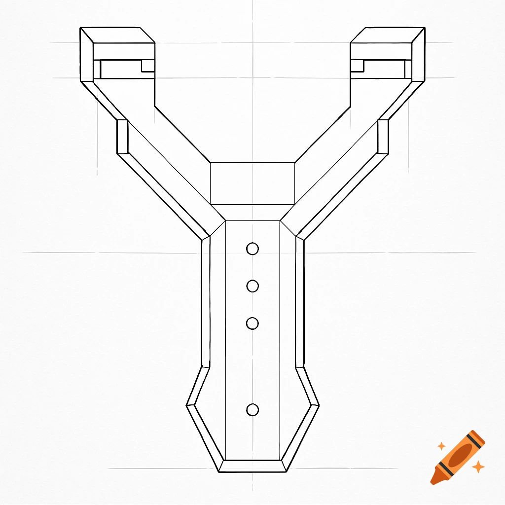 Black and white technical drawing of a slingshot template, featuring straight lines and four circular holes on the handle.