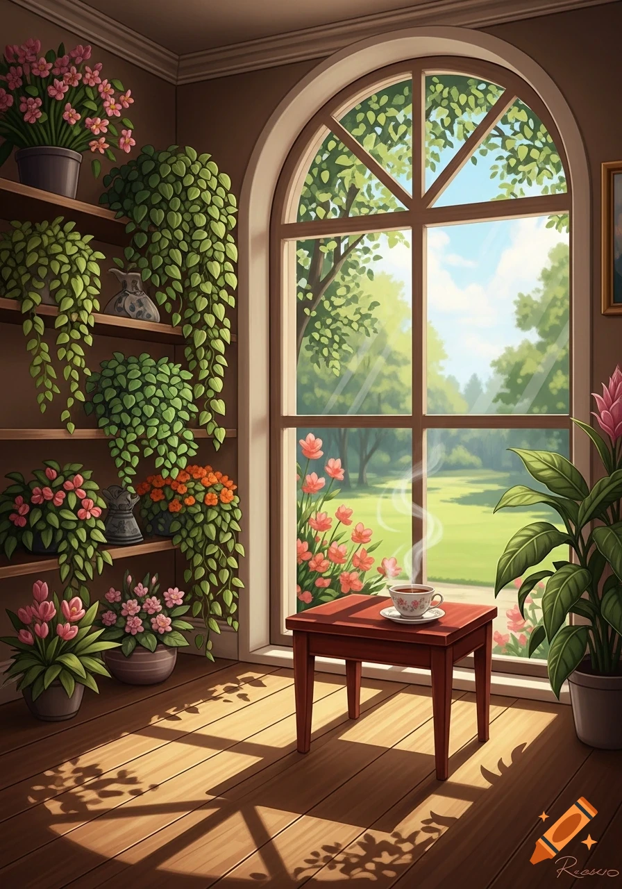 A cozy room with an arched window, shelves of potted plants and flowers, a steaming cup of tea on a table, and sunlight on the wooden floor.