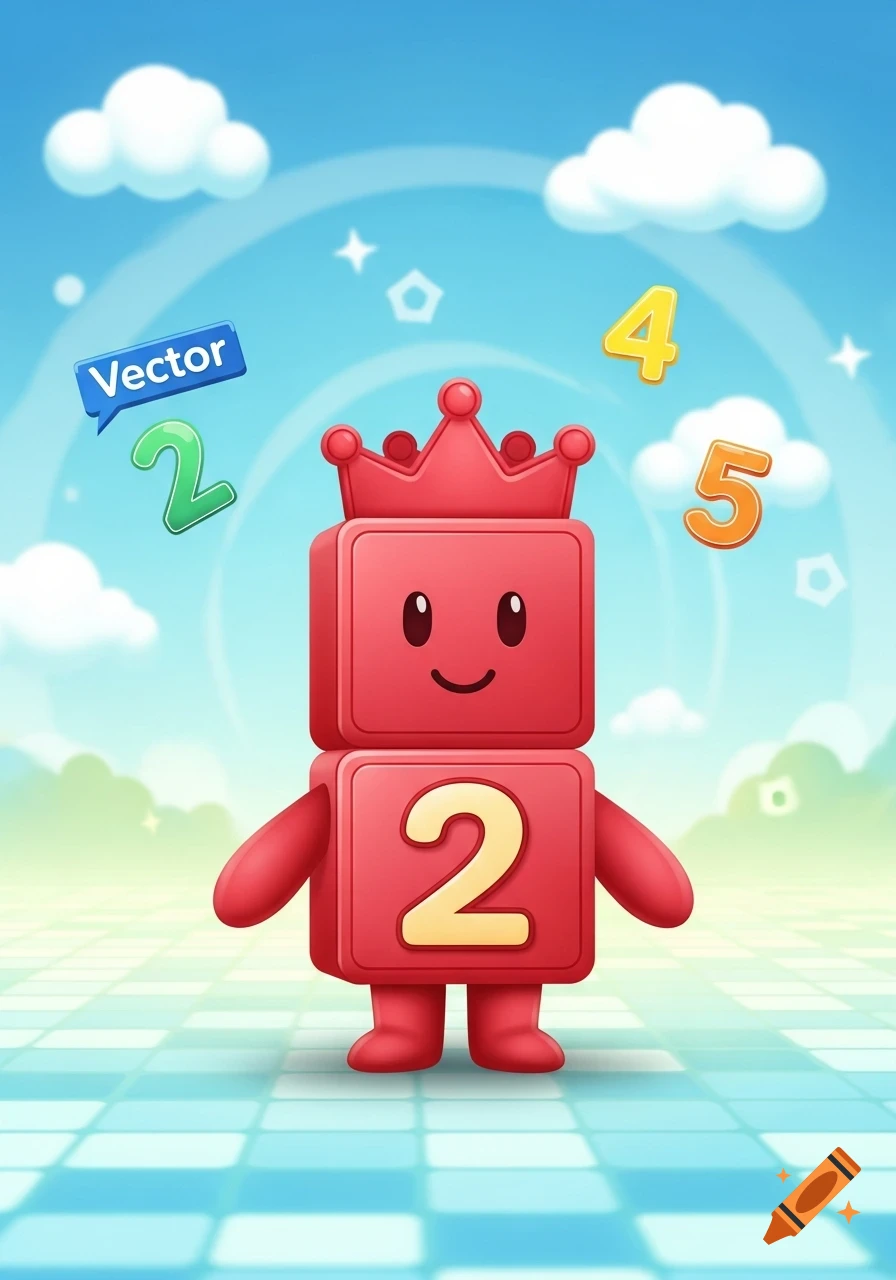 A cute red block character with a crown and the number 2 on its chest, surrounded by floating numbers and the word "Vector" in a speech bubble, set against a bright blue sky and checkered floor in a vector art style.