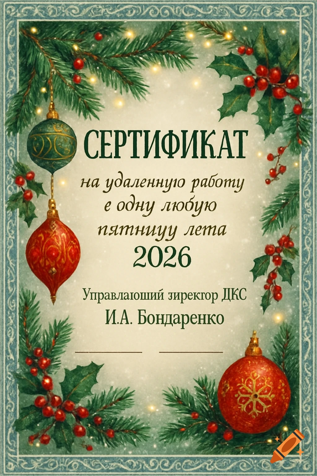 A festive Christmas gift certificate with pine branches, red berries, and ornaments, featuring Russian text for remote work.