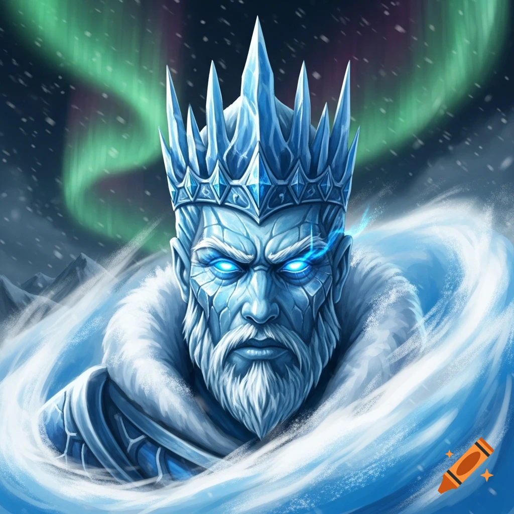 A semi-realistic RPG portrait of an Ice King with glowing blue eyes, a glacial face, and an icy crown, against an arctic storm and aurora borealis.