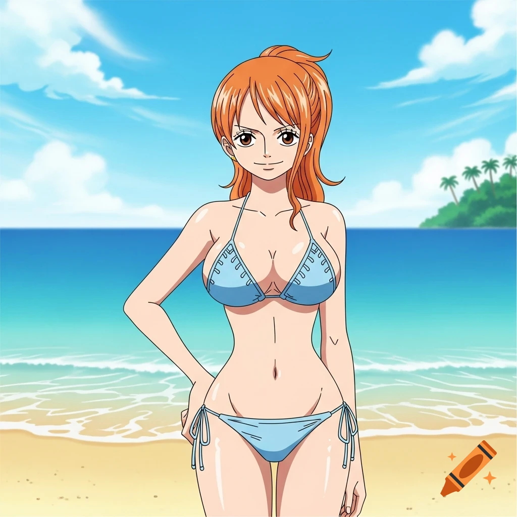 Anime-style illustration of Nami from One Piece in a light blue bikini on a sunny beach.