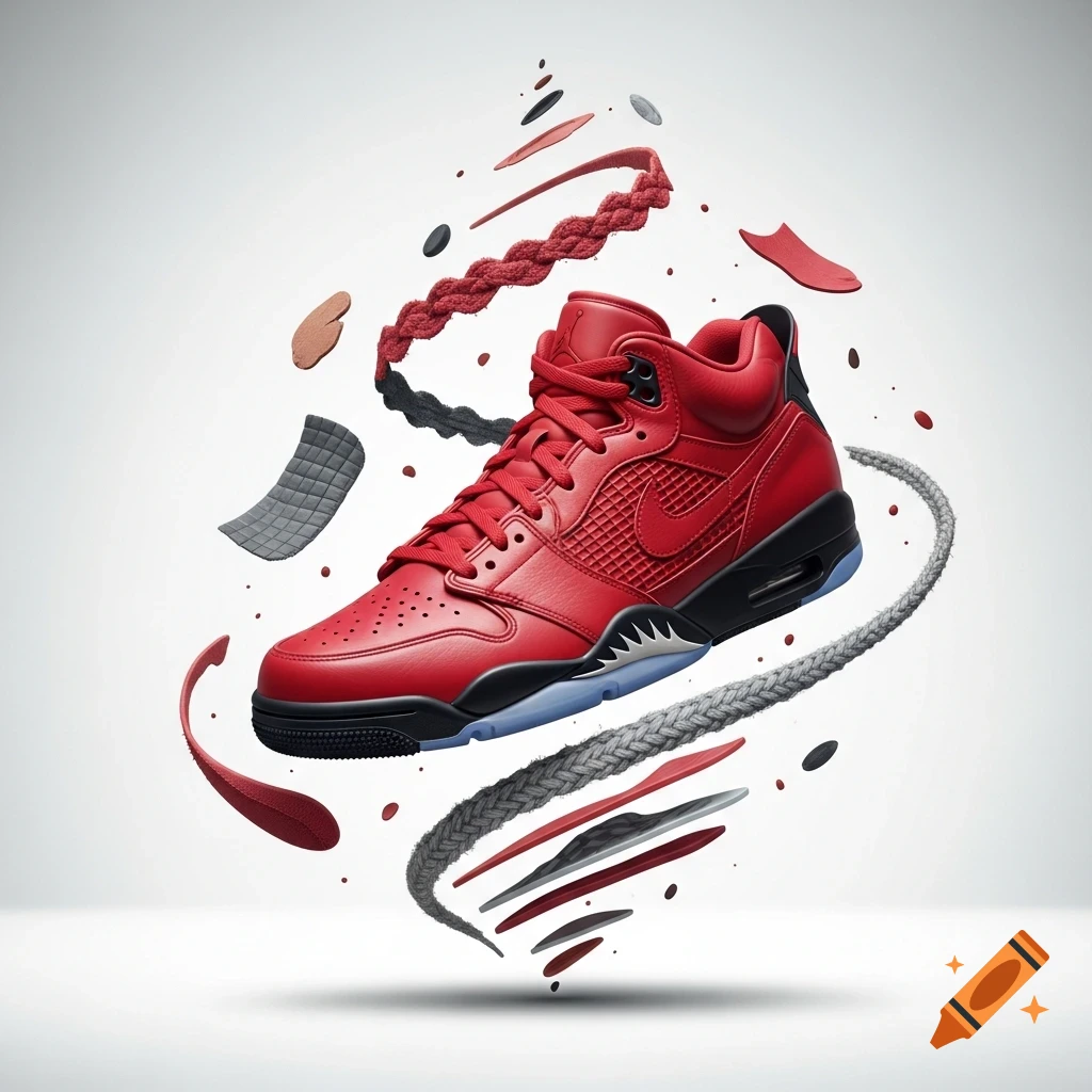 Red and black Jordan high-top sneaker with shoe components swirling around it on a white background, photorealistic style.
