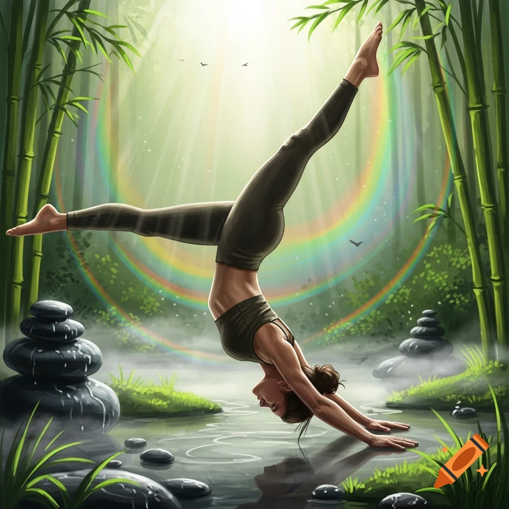 An illustrative image of a woman doing a handstand split yoga pose in a vibrant bamboo forest with glowing light and a rainbow.