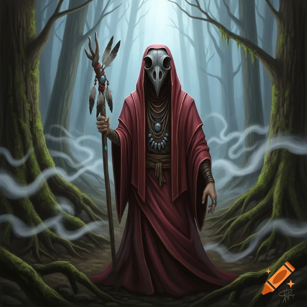 A figure in red robes wearing a crow skull mask holds a feathered staff in a foggy, dark forest.