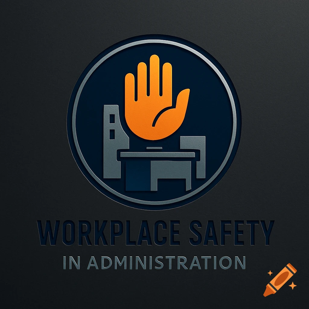 A workplace safety logo featuring an orange stop hand over a desk and filing cabinet in a blue circle, with text 'WORKPLACE SAFETY IN ADMINISTRATION'.