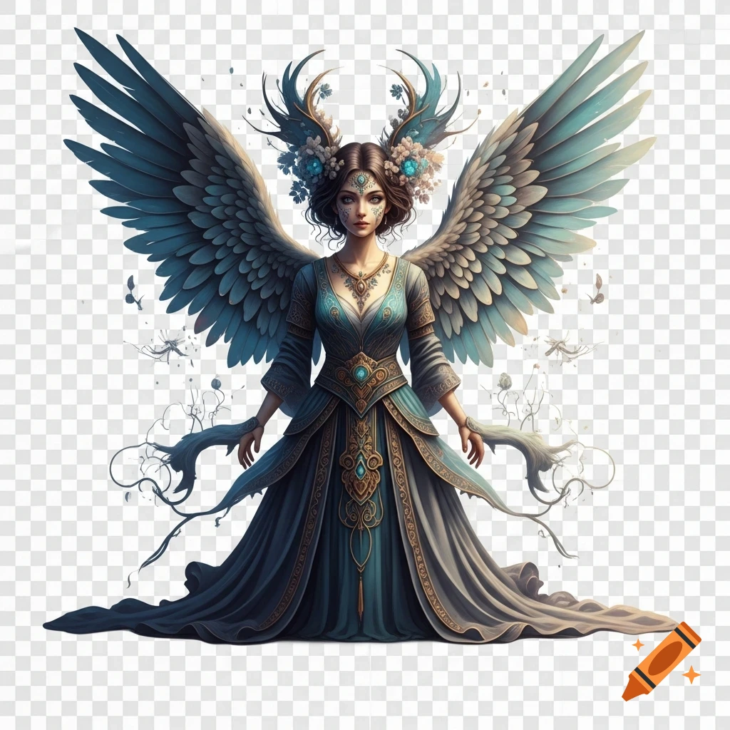 Detailed illustration of a fantasy woman with large teal feathered wings, an intricate teal and gold dress, and an antler-like floral headdress, on a transparent background.