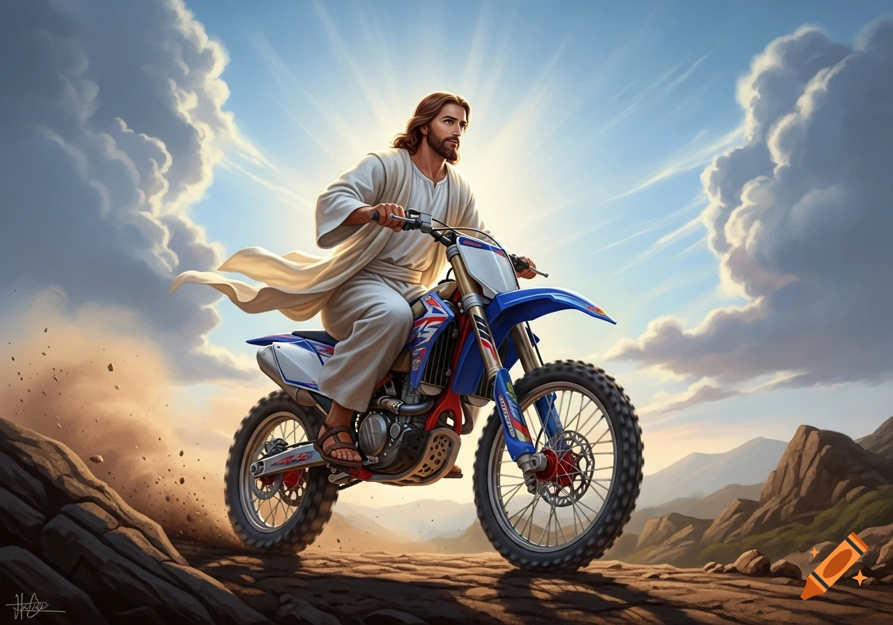 Jesus rides a motocross bike across a rocky desert landscape under a radiant blue sky with dramatic clouds.