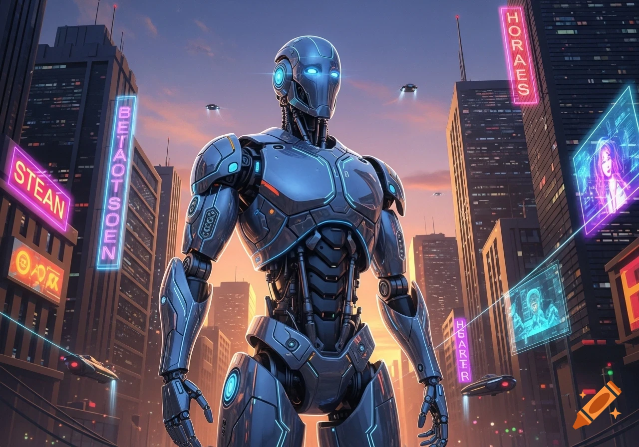 A sleek blue and grey robot stands in a futuristic city with neon signs and flying vehicles under an orange sunset, photorealistic style.