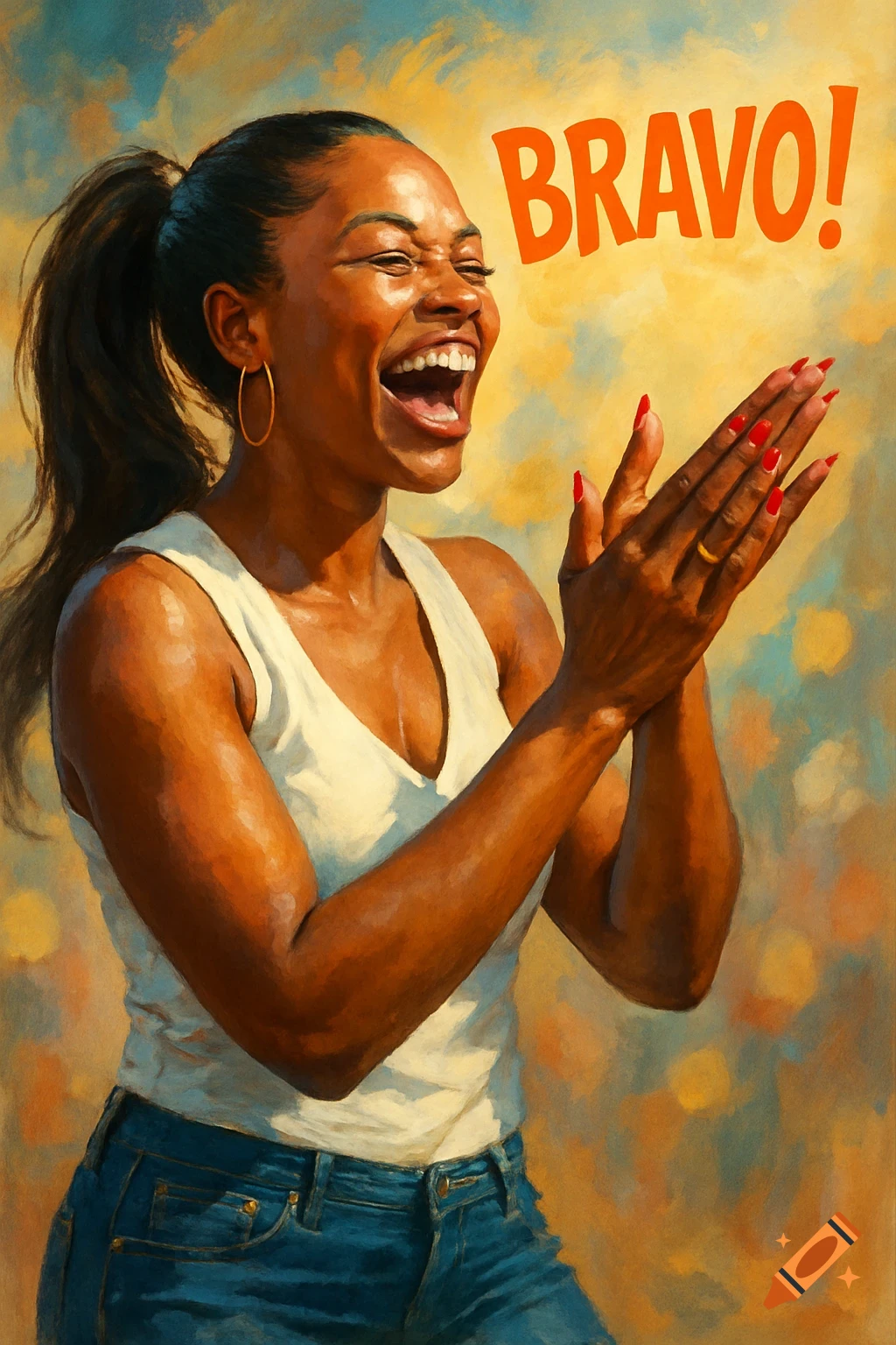 A dark-skinned woman with a ponytail, wearing a white vest and blue jeans, claps her hands, laughs loudly, and cheers "BRAVO!" in a painterly style.
