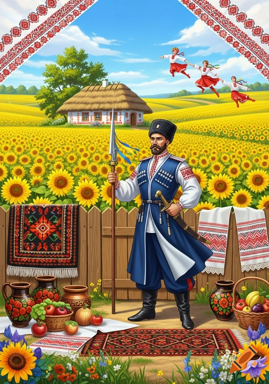 A stylized illustration of a man in traditional Ukrainian attire holding a spear, standing in a sunflower field with a folk house, as women float above.