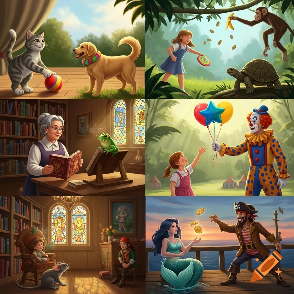 Six colorful storybook scenes: a cat and dog, a girl with a monkey and turtle, a woman reading to a frog, a clown with a girl, children in a library, and a pirate with a mermaid.